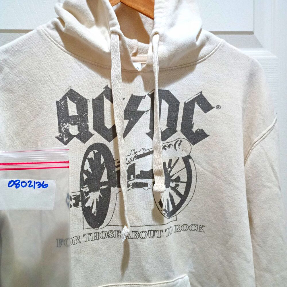 AC/DC Men's M White Fleece Pullover Hoodie Graphic Print Logo w Pockets